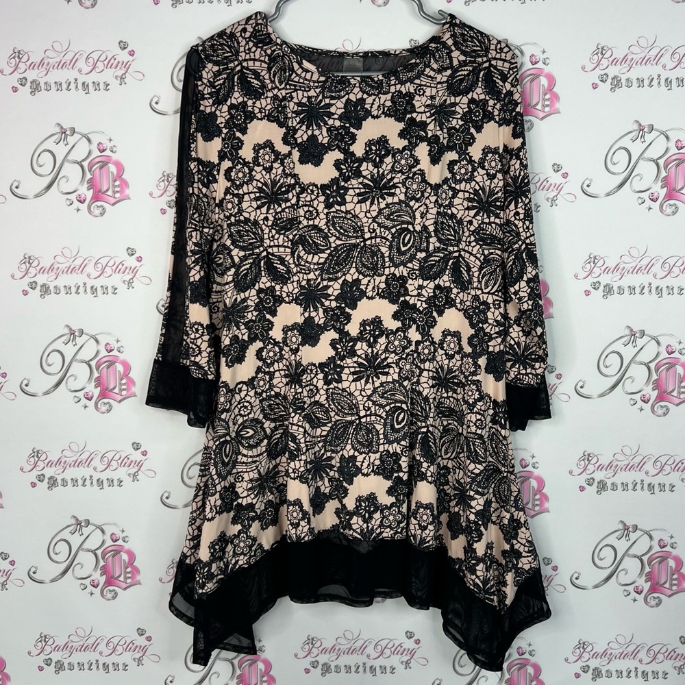 Long sleeve top fairy hem bottom Elegant Black Lace Floral Women's Top